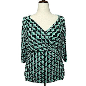 Alfani Top Womens 2X Black Green V Neck 9% Spandex Stretch Nylon Pullover Career